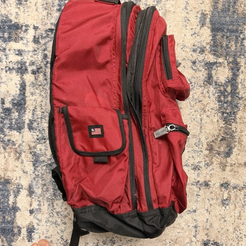 Vintage Polo Sport Ralph Lauren Red Backpack USA Flag Logo 90s Nylon
